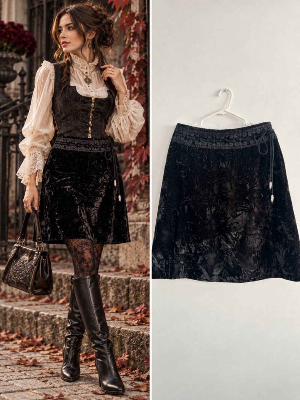 Tristan & Iseut Black Crushed Velvet A Line Skirt Braided Trim Whimsigoth 6